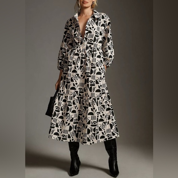 Maeve Dresses & Skirts - Maeve Black and Cream Long Sleeve Printed Midi Dress